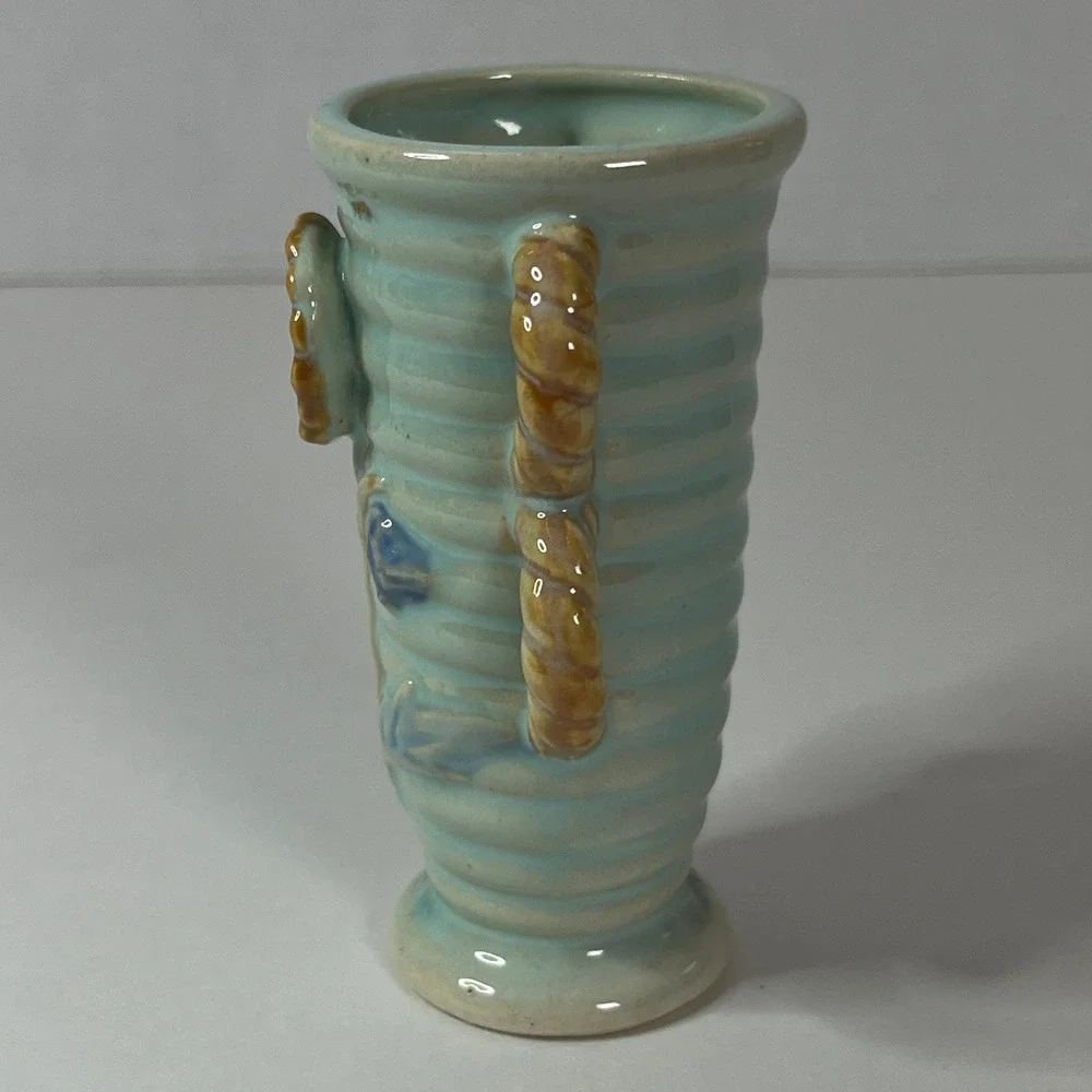 Vintage Japan Ceramic Sunflower Bud Vase Blue Ribbed Double Rope Handle Pottery